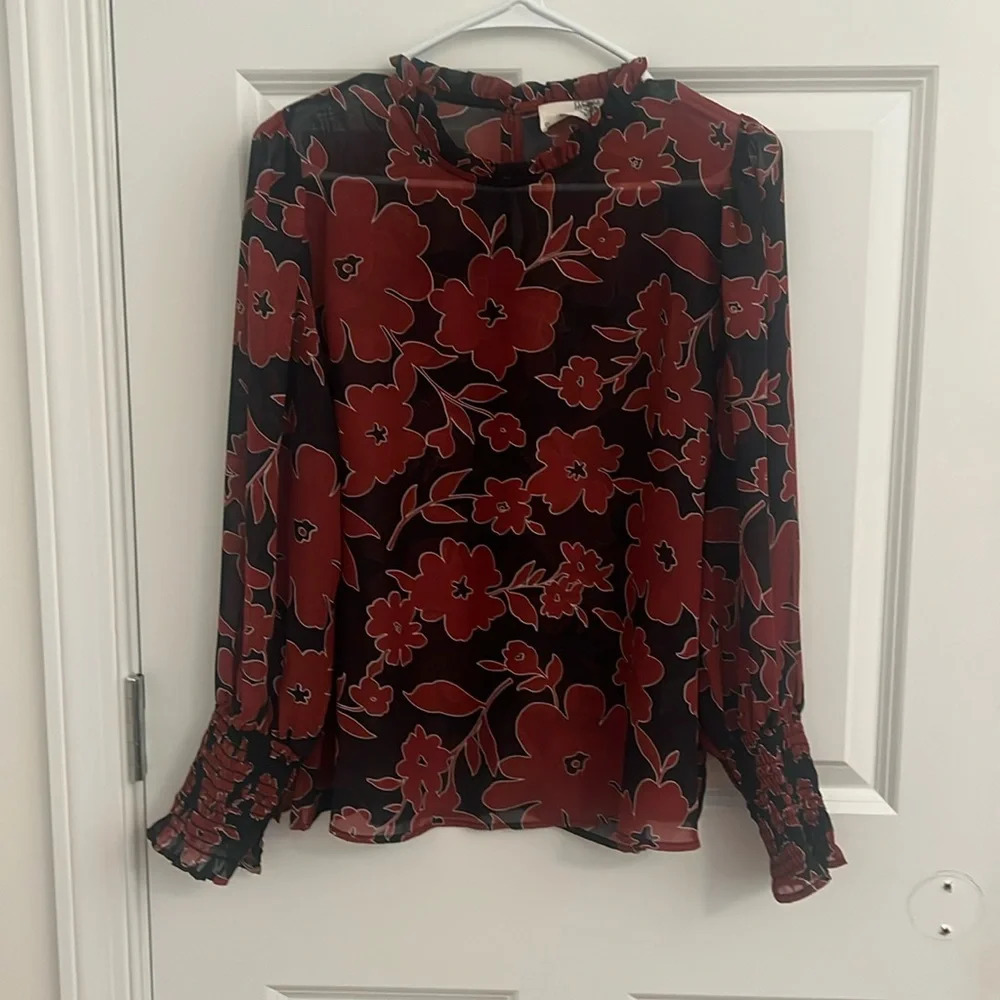 Everleigh Black & Brown Flower Blouse Size Medium sheer